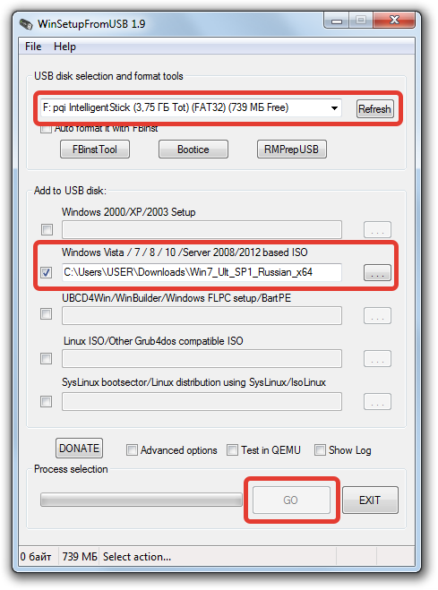 Конфигурация WinSetupFromUSB для создания загрузочной флешки Windows 7